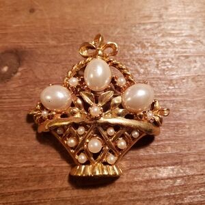 Vintage Gold Easter Basket Brooch with Pearl Eggs